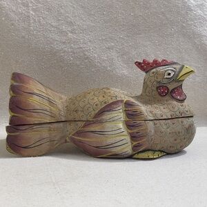 Hand Carved Wood Chicken‎ Trinket Box Unique Eclectic Maximalist Farmhouse Decor